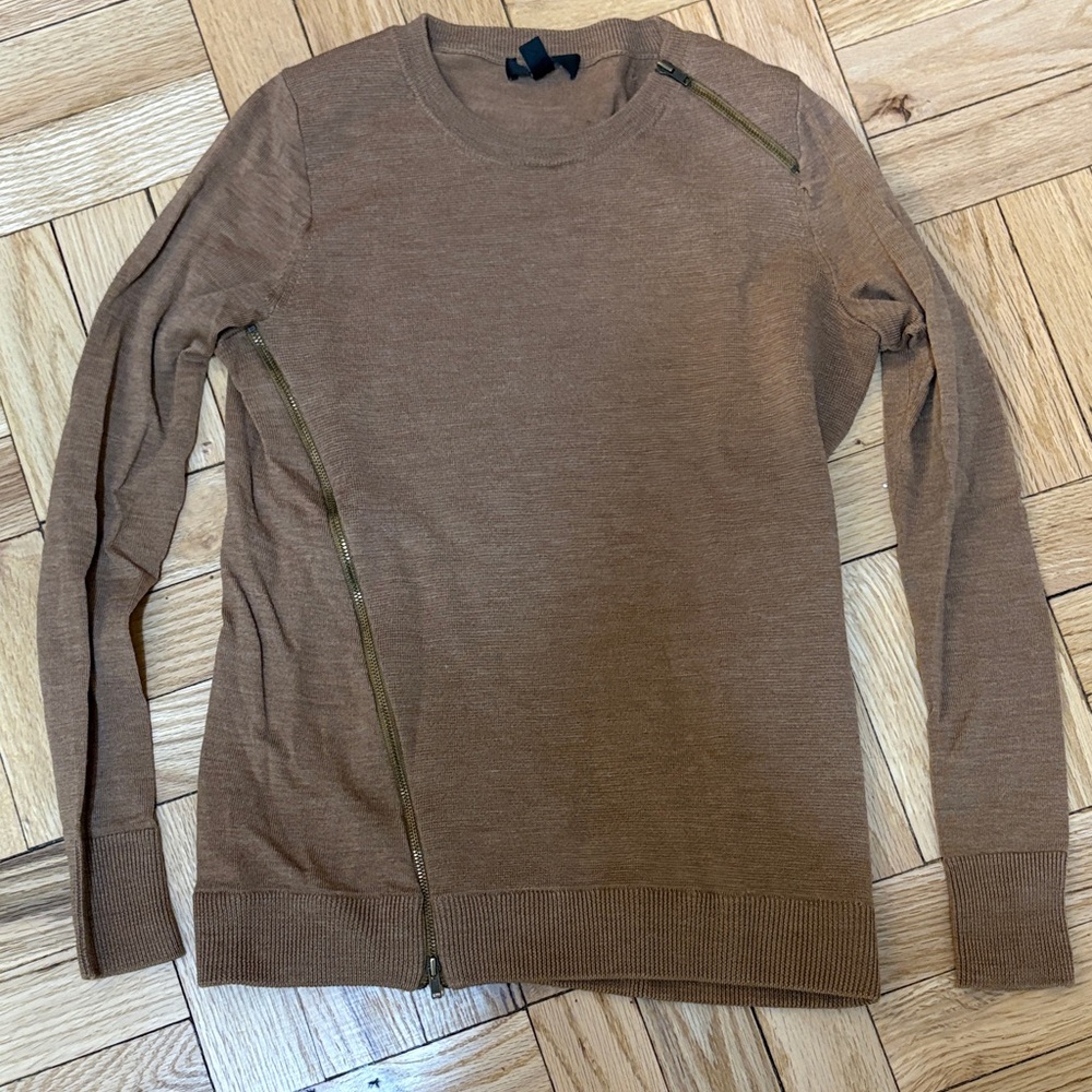 J. Crew Brown Crew Neck Sweater with Zipper Accents